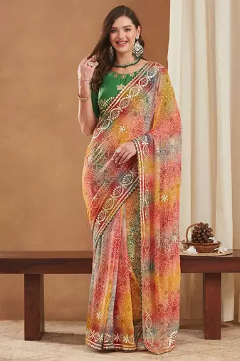 exclusive bandhej georgette saree with sequins & gotapati work blouse