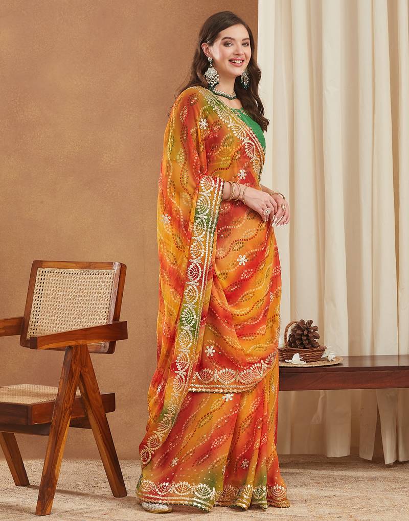 exclusive bandhej georgette saree with sequins & gotapati work blouse