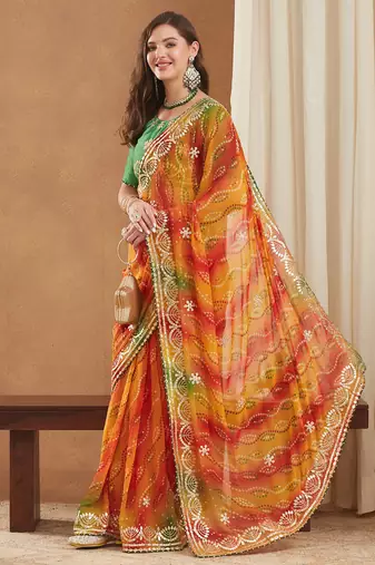 exclusive bandhej georgette saree with sequins & gotapati work blouse