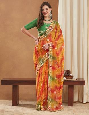 exclusive bandhej georgette saree with sequins & gotapati work blouse 3