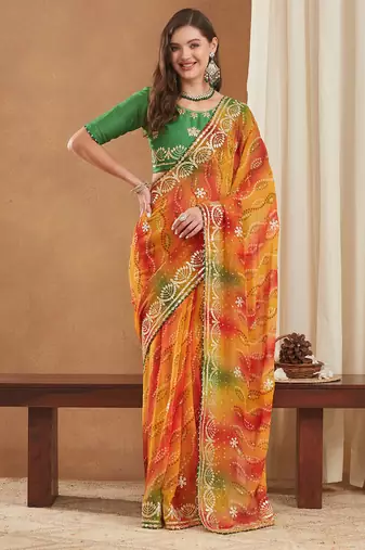 exclusive bandhej georgette saree with sequins & gotapati work blouse