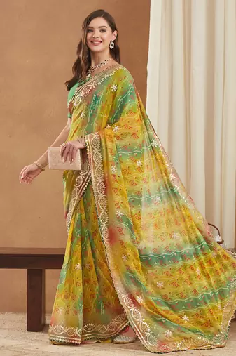 exclusive bandhej georgette saree with sequins & gotapati work blouse