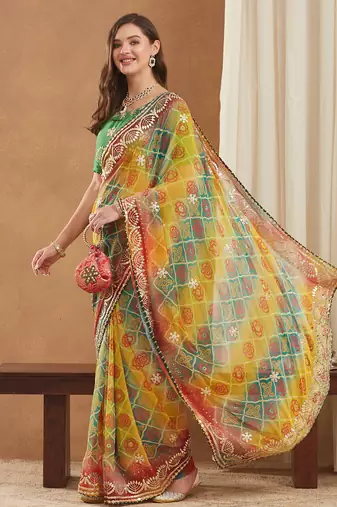 exclusive bandhej georgette saree with sequins & gotapati work blouse