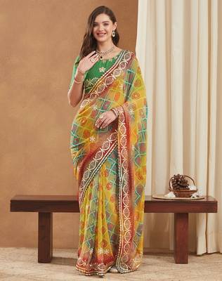exclusive bandhej georgette saree with sequins & gotapati work blouse 4