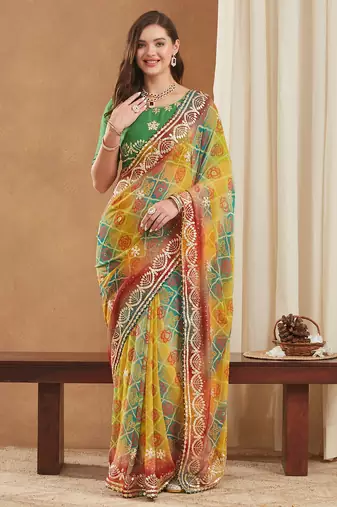 exclusive bandhej georgette saree with sequins & gotapati work blouse