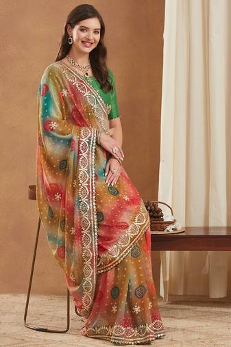 exclusive bandhej georgette saree with sequins & gotapati work blouse