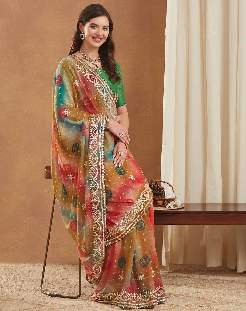 exclusive bandhej georgette saree with sequins & gotapati work blouse