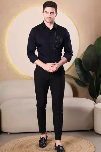 Pier seven men’s cotton blend navy slim fit solid shirt with geometric hand embroidery