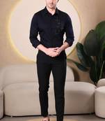 Pier seven men’s cotton blend navy slim fit solid shirt with geometric hand embroidery