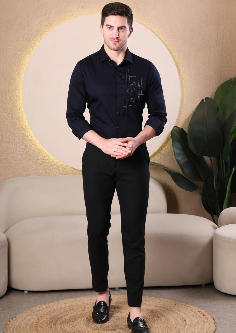 Pier seven men’s cotton blend navy slim fit solid shirt with geometric hand embroidery