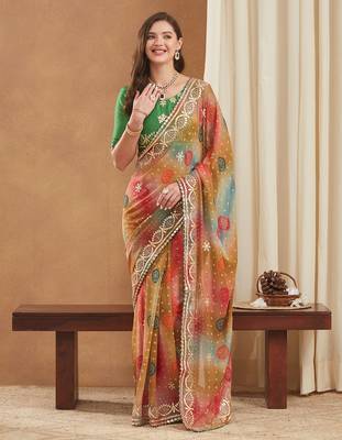 exclusive bandhej georgette saree with sequins & gotapati work blouse 4