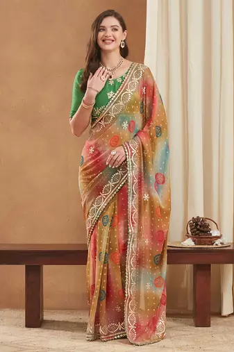 exclusive bandhej georgette saree with sequins & gotapati work blouse