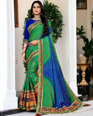 premium bandhani dola art silk saree with embroidered banglori art silk blouse 1