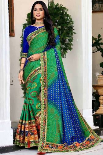 premium bandhani dola art silk saree with embroidered banglori art silk blouse