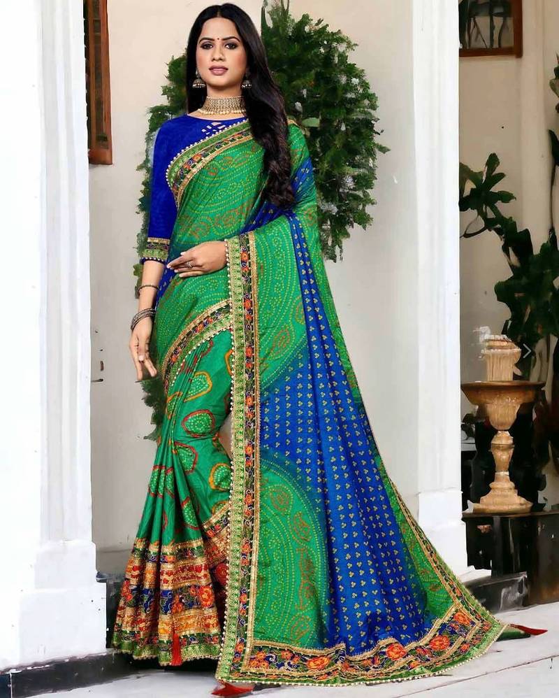 premium bandhani dola art silk saree with embroidered banglori art silk blouse