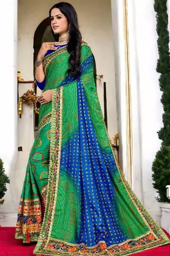 premium bandhani dola art silk saree with embroidered banglori art silk blouse