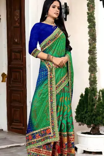 premium bandhani dola art silk saree with embroidered banglori art silk blouse
