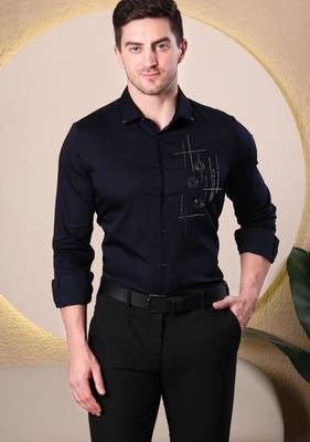 Pier seven men’s cotton blend navy slim fit solid shirt with geometric hand embroidery 2
