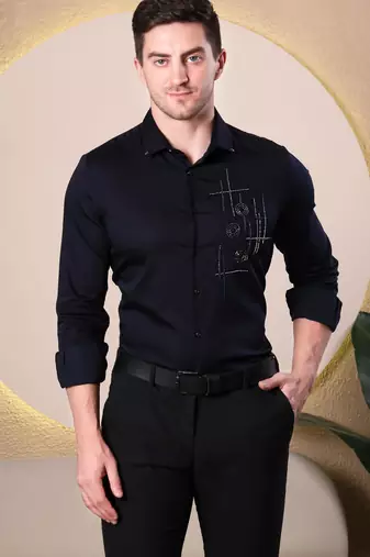Pier seven men’s cotton blend navy slim fit solid shirt with geometric hand embroidery