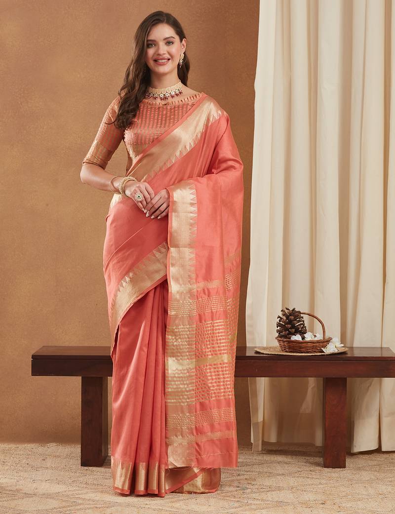 assam art silk saree with zari temple border & unstitched blouse