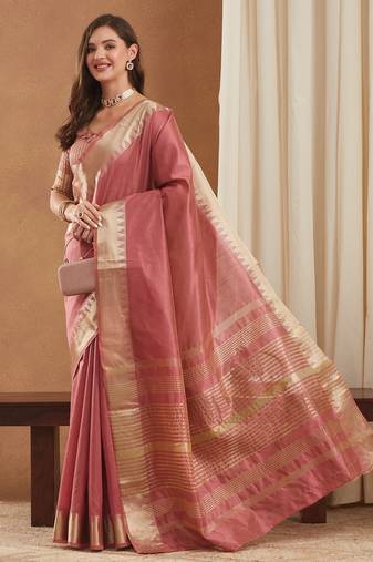 assam art silk saree with zari temple border & unstitched blouse