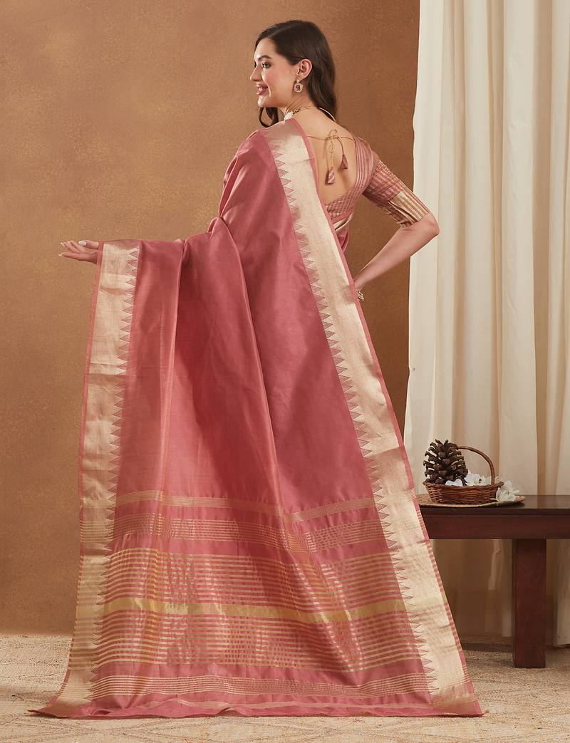 assam art silk saree with zari temple border & unstitched blouse