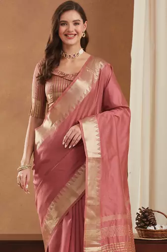 assam art silk saree with zari temple border & unstitched blouse