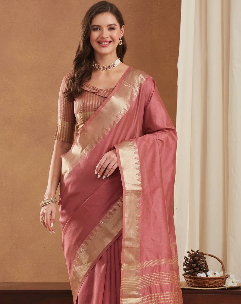 assam art silk saree with zari temple border & unstitched blouse