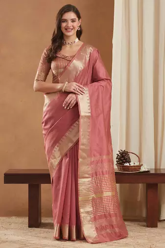 assam art silk saree with zari temple border & unstitched blouse