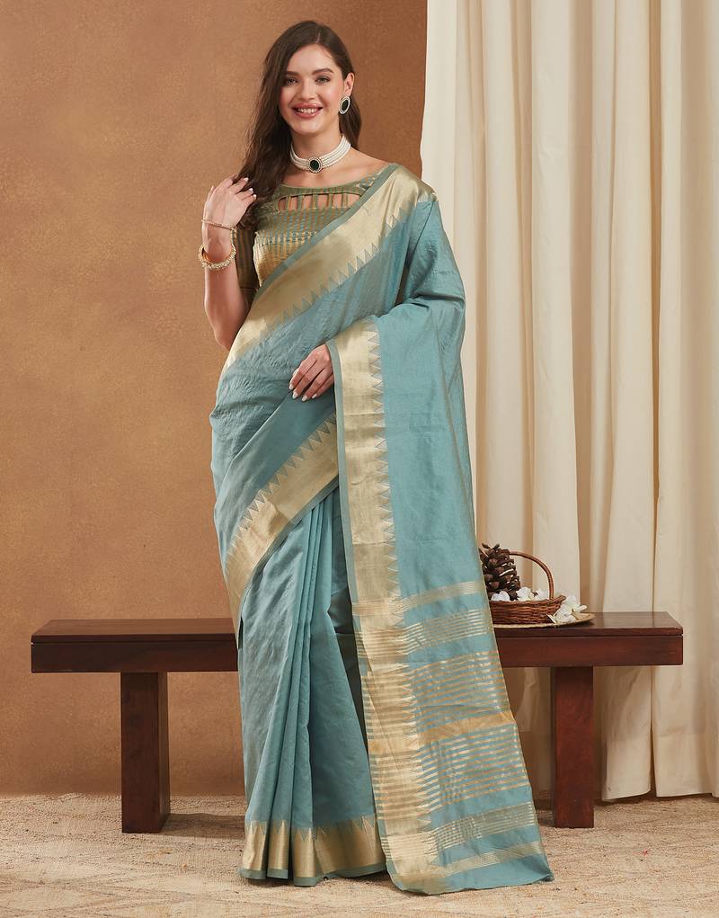 assam art silk saree with zari temple border & unstitched blouse