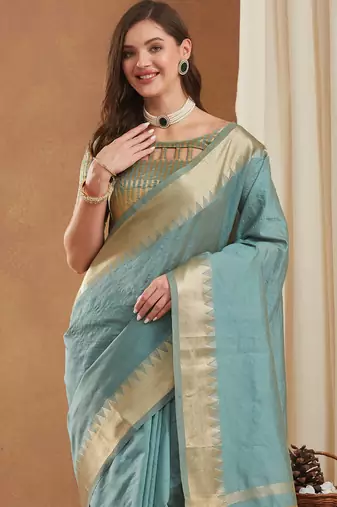 assam art silk saree with zari temple border & unstitched blouse