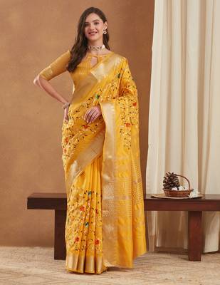 assam cotton art silk embroidered zari temple border saree with blouse. 1