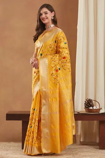 assam cotton art silk embroidered zari temple border saree with blouse.