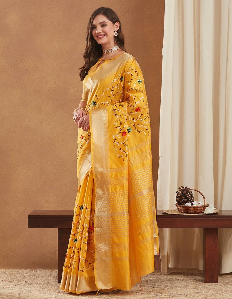 assam cotton art silk embroidered zari temple border saree with blouse.