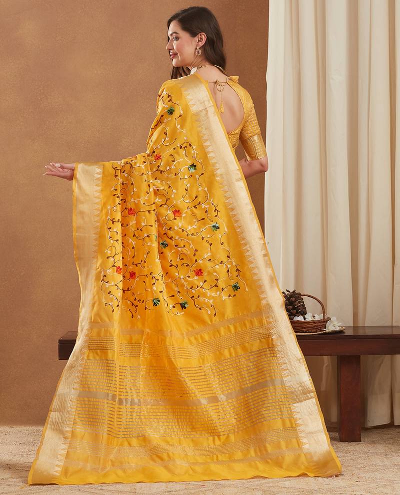 assam cotton art silk embroidered zari temple border saree with blouse.