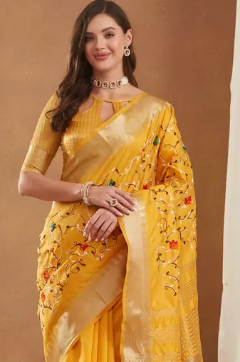 assam cotton art silk embroidered zari temple border saree with blouse.