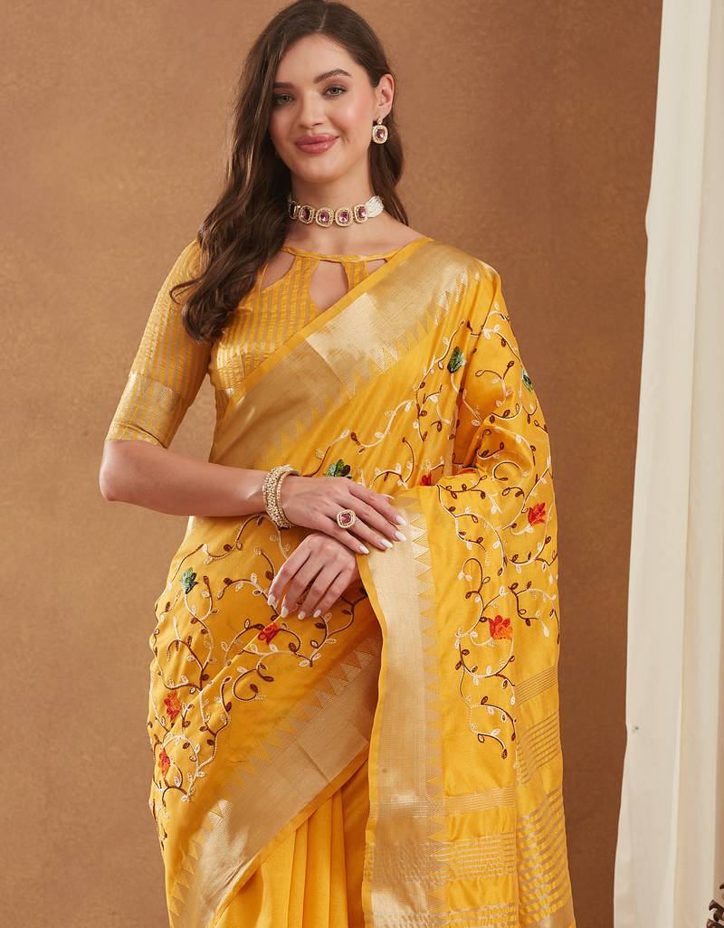 assam cotton art silk embroidered zari temple border saree with blouse.