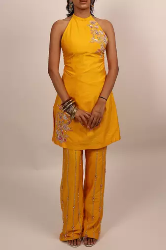 Yellow embroidered silk kurta set