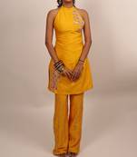 Yellow embroidered silk kurta set