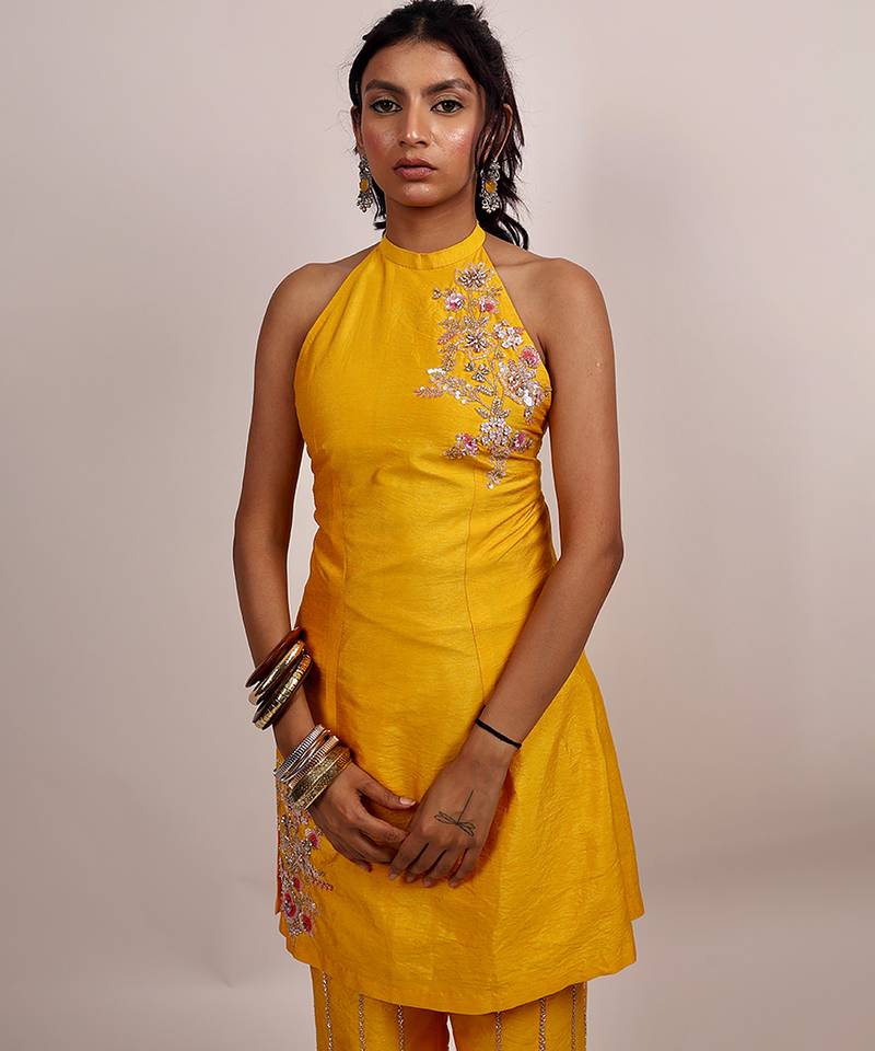 Yellow embroidered silk kurta set