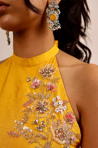 Yellow embroidered silk kurta set