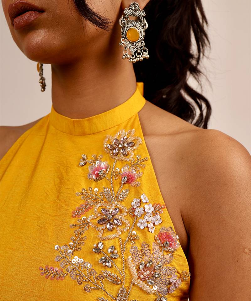 Yellow embroidered silk kurta set