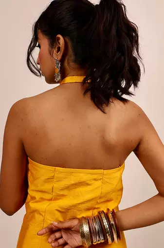 Yellow embroidered silk kurta set