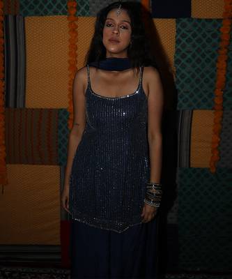 Blue embroidered crepe kurta set with dupatta 1
