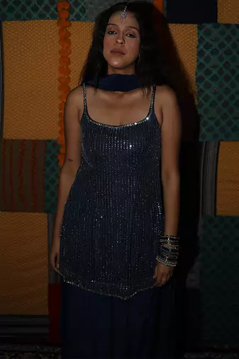 Blue embroidered crepe kurta set with dupatta