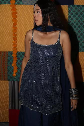 Blue embroidered crepe kurta set with dupatta