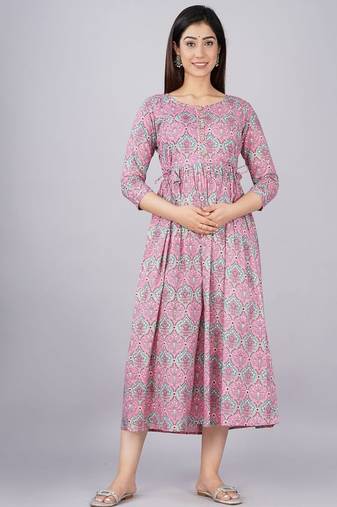 Women floral printed round neck pure cotton maternity dress