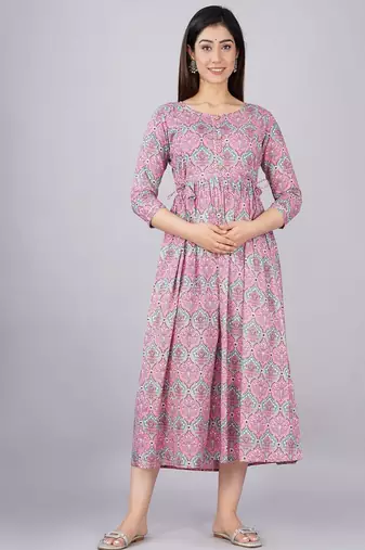 Women floral printed round neck pure cotton maternity dress