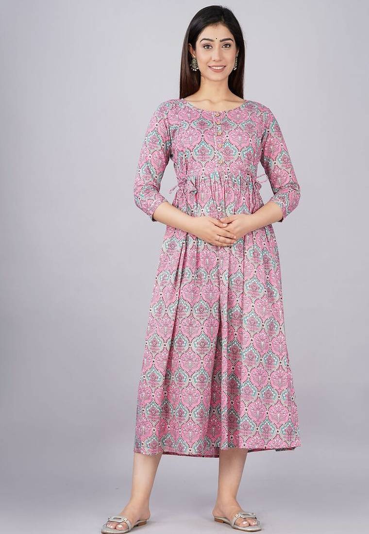 Women floral printed round neck pure cotton maternity dress