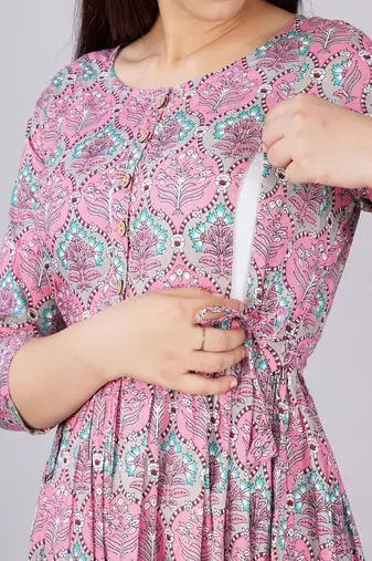 Women floral printed round neck  cotton maternity dress